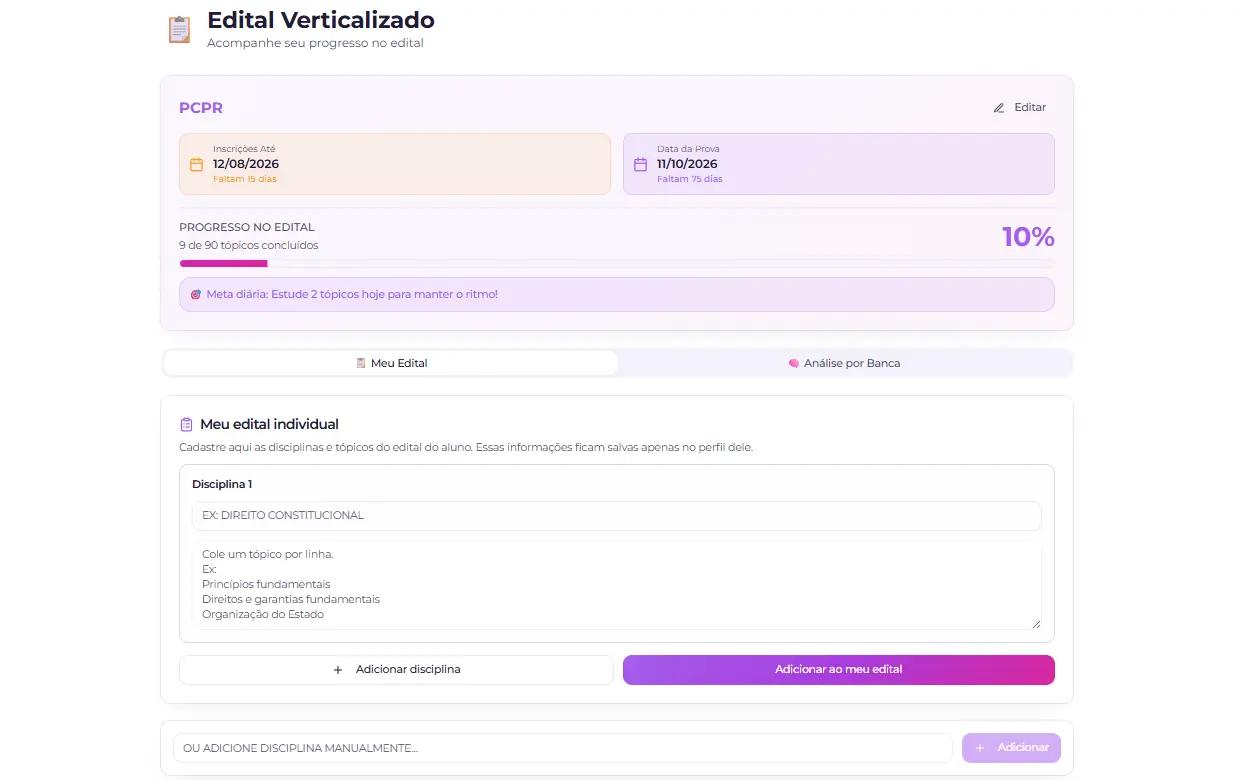 Edital verticalizado com disciplinas, tópicos e progresso de estudo no Método Cronos PRO