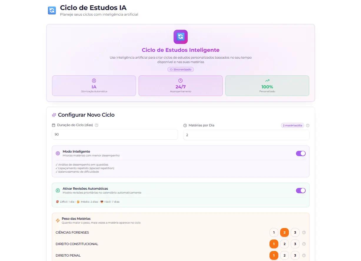 Configuração do ciclo de estudos inteligente com revisões automáticas