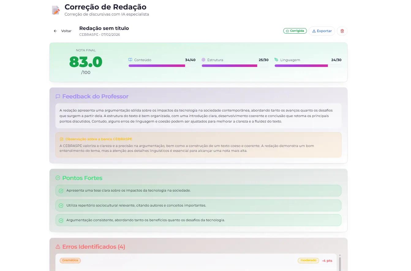 Correção de redação com nota por critério e feedback no Método Cronos PRO
